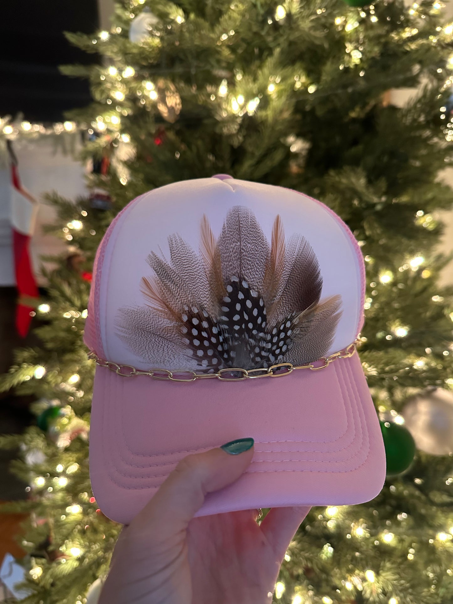 Feather Trucker Hat with Chain