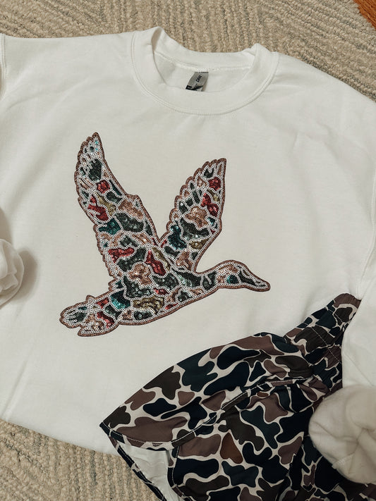 Sequin Camo Duck Crewneck